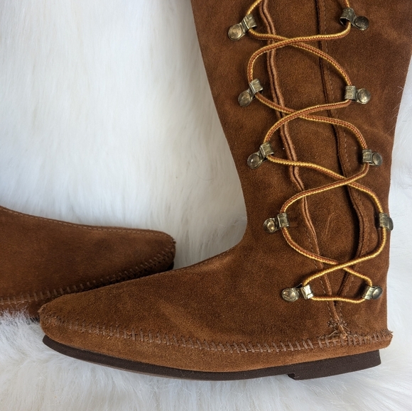 Vintage 70s Brown Suede Leather Lace Up Fringe Boots Size 6 - Picture 4 of 13